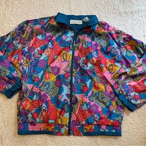 VTG Pinstripe Petites Bright Floral Pattern Track Jacket Windbreaker Zip Lined M